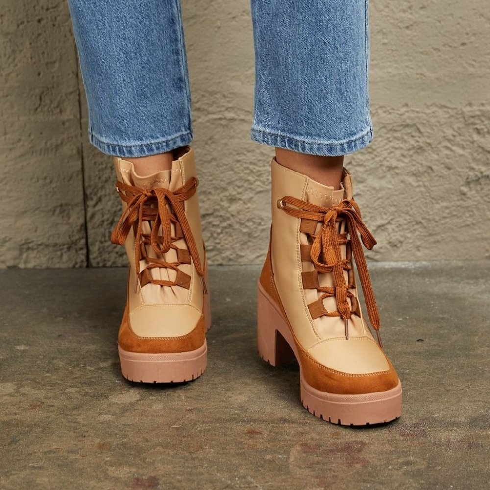Lace Up Lug Booties in Tan
